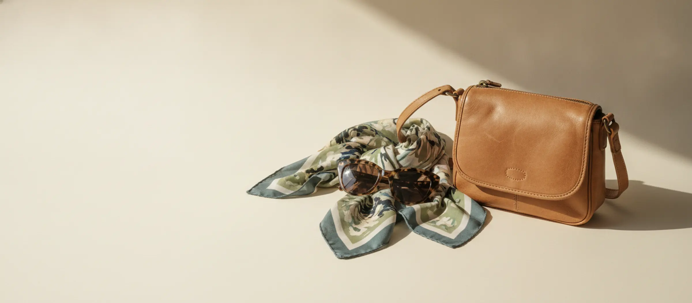 Bolsa de piel, lentes y mascada usados sobre un fondo claro con luz natural