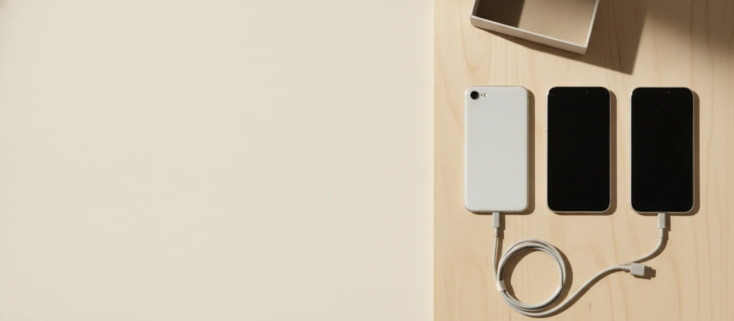 Dos celulares usados sobre una mesa de madera junto a su caja