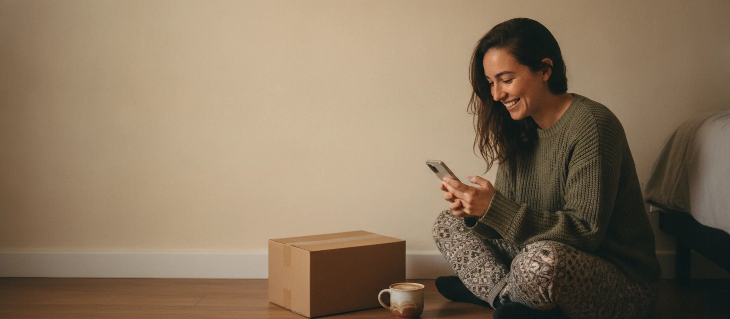 Una chica sentada en el piso de su cuarto sonrie al ver un pago recibido en el celular, junto a una caja de envio vacia