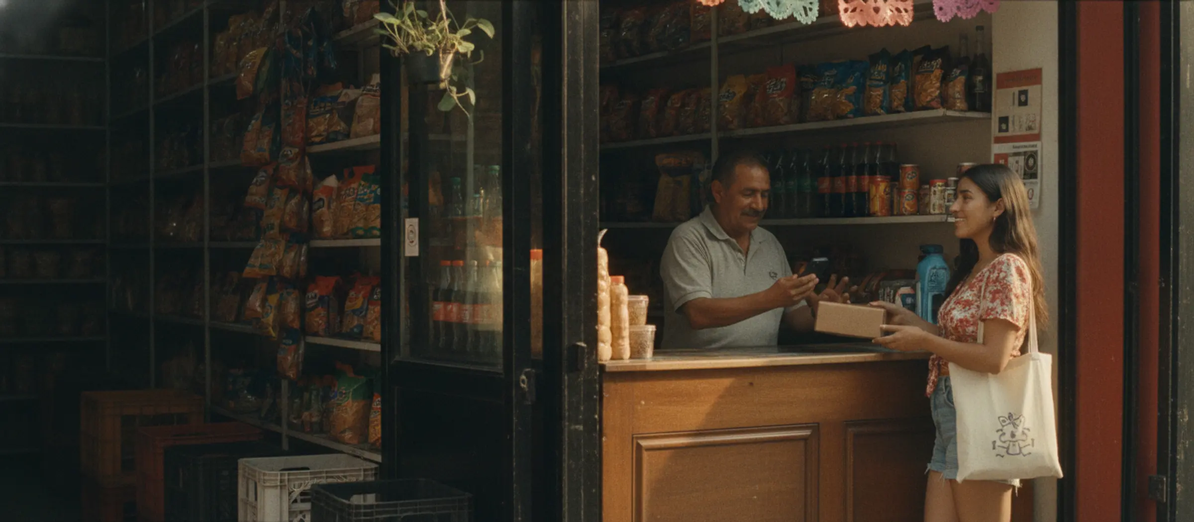 Una chica entrega un paquete en la tiendita de su colonia y el encargado escanea el código QR